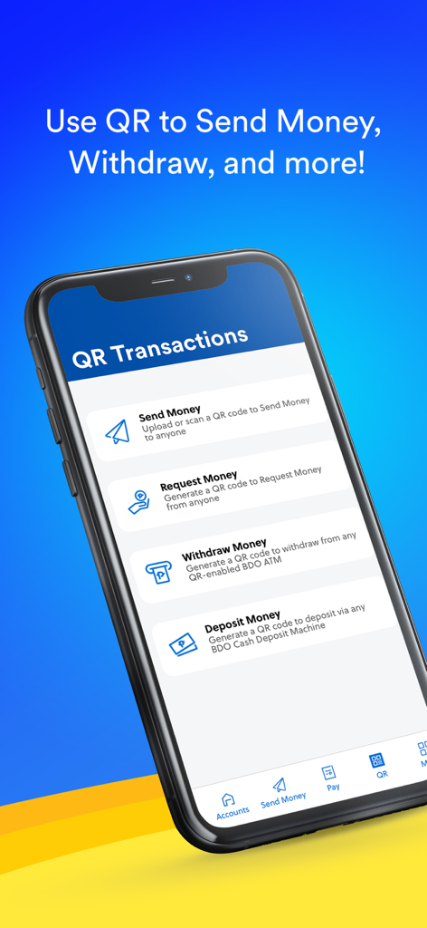 BDO Online app interface showing QR code transaction options for sending requesting withdrawing and depositing money