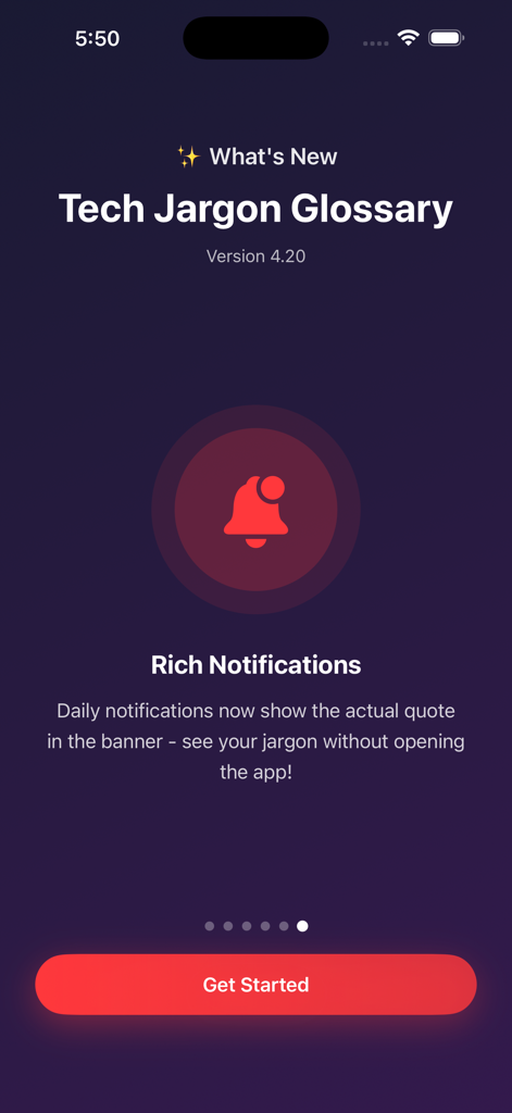 Pantalla de incorporación de la aplicación Glosario de Jerga Tecnológica que destaca la nueva función de notificaciones enriquecidas.