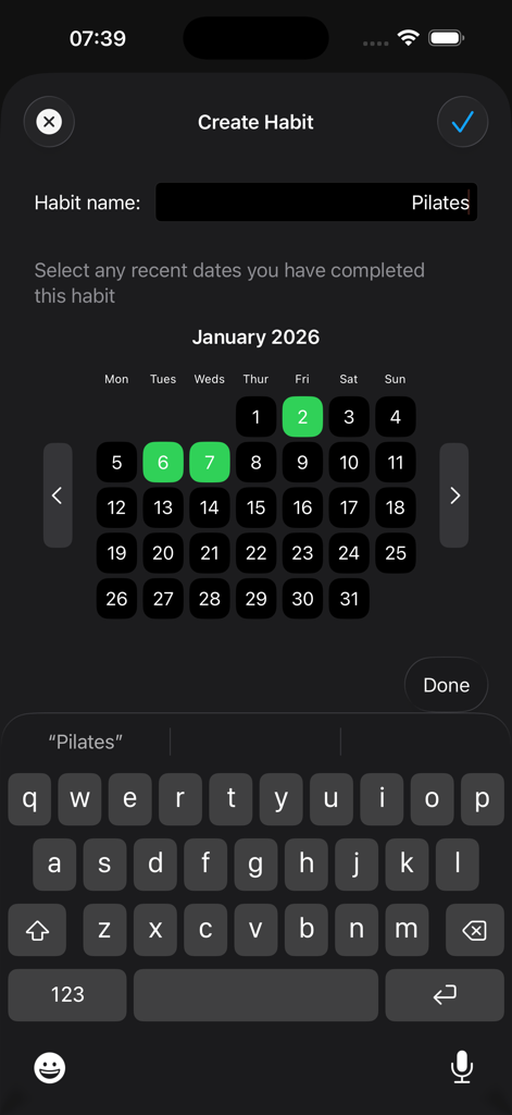 Creating a new Pilates habit in the Habit Tracker Pro app