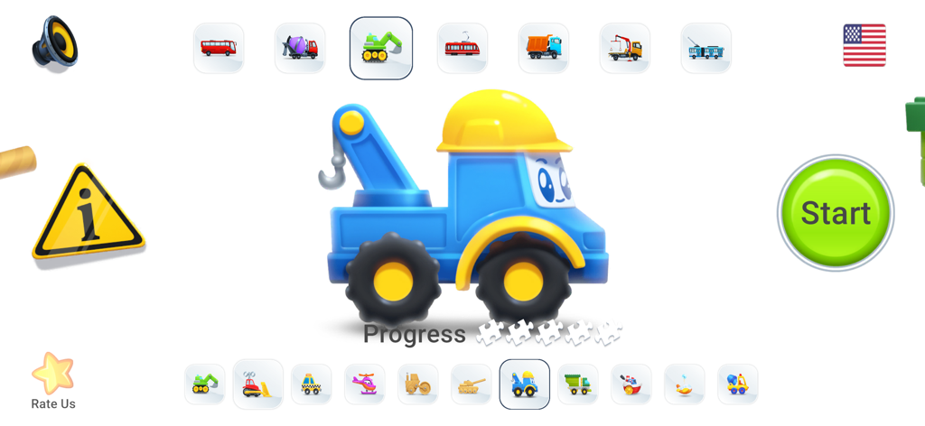 Pantalla del menú del juego de lógica Puzzles de Coches con un lindo personaje de camión grúa azul de dibujos animados y un botón de inicio verde