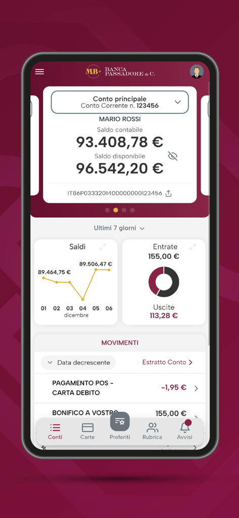 MB+ - MB Plus mobile banking app dashboard showing account balances and financial charts