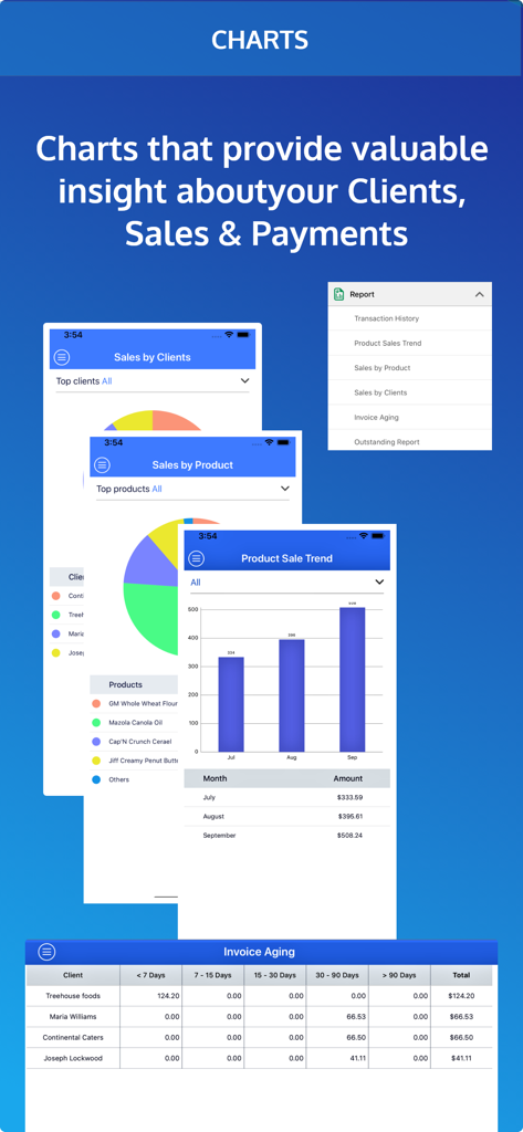 Invoice Pro. Invoice on the go - Business analytics dashboard in the Invoice Pro app showing sales pie charts and product sale trend bar graphs
