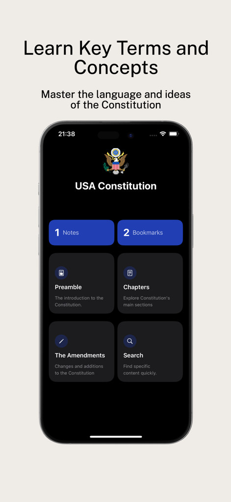 A smartphone screen showing the USA Constitution app dashboard with links to the Preamble, Chapters, and Amendments.