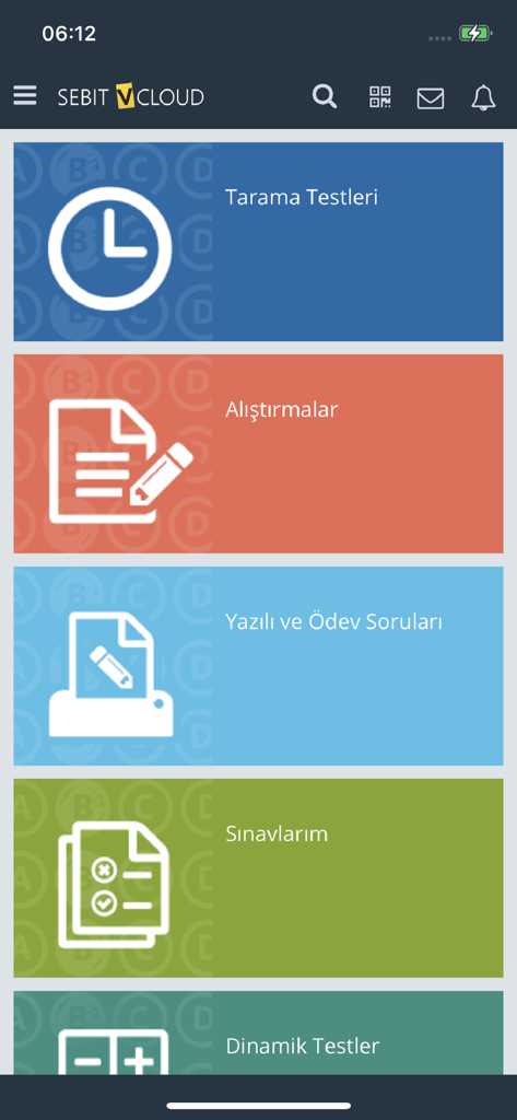 Sebit VCloud app dashboard showing sections for screening tests, exercises, homework, and exams.