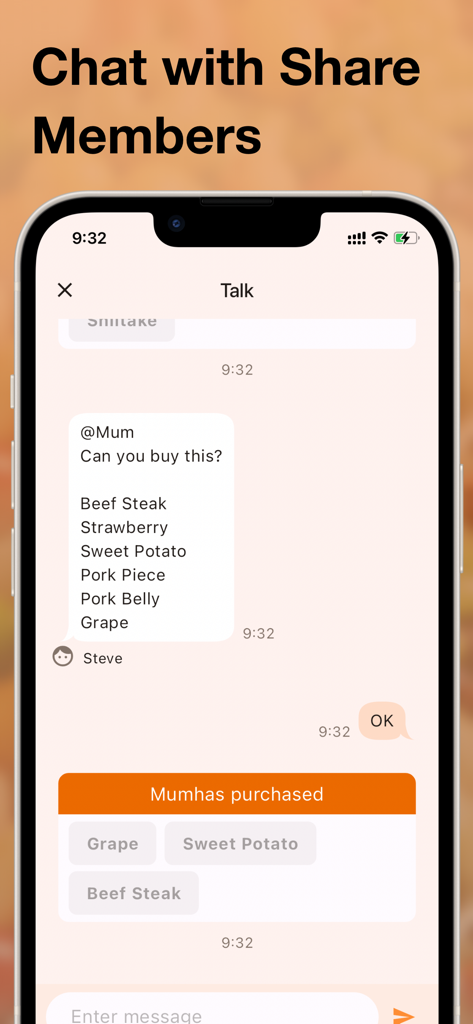 Shared shopping list : basket - Interfaz de chat móvil para coordinar compras de mercado con miembros de la familia