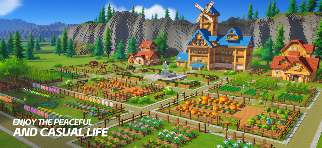 Lightus - Colorful overview of a farm and town with garden plots and wooden houses in the Lightus game.