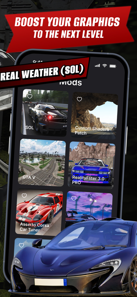AssoRacing Assetto Corsa Mods - Mobile app interface showing a list of graphics and weather mods for Assetto Corsa