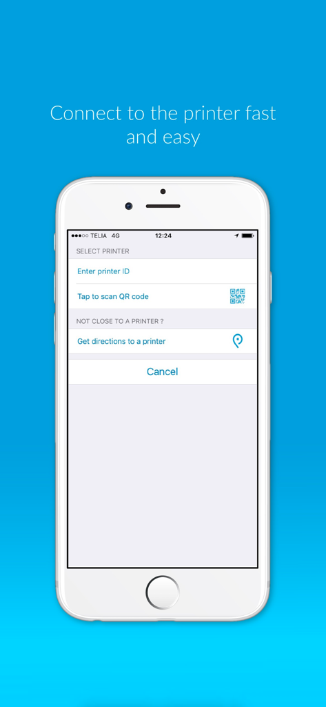 Interface de l'application Princh montrant comment se connecter à une imprimante via un code QR ou l'identifiant de l'imprimante