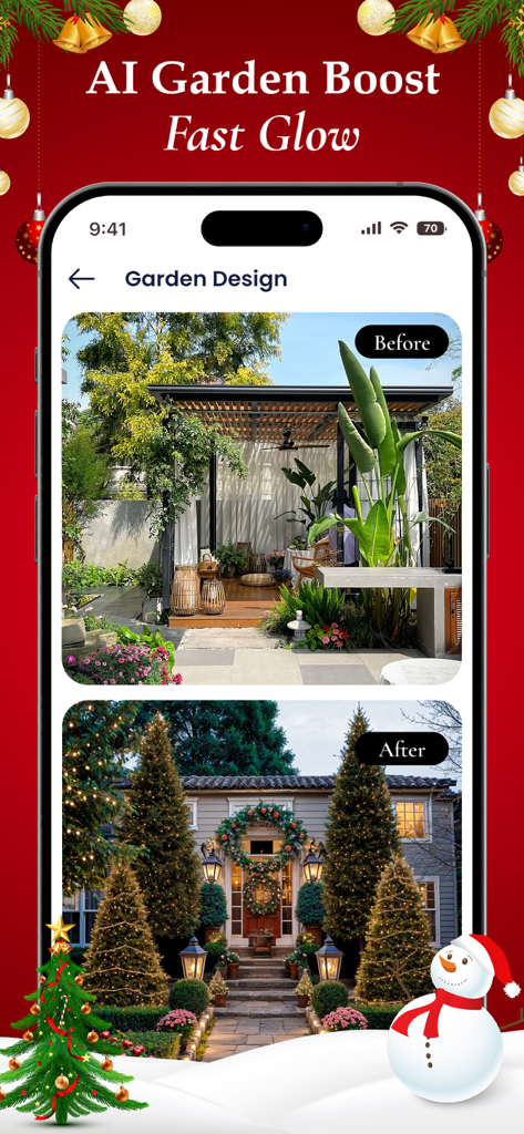AI Design - Home Interior - AI garden design app interface showing a before and after home exterior transformation with festive Christmas decorations