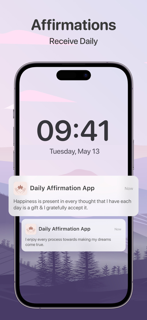 Daily Affirmations: Life Quote - Pantalla de bloqueo del iPhone mostrando notificaciones diarias de afirmación positiva con un fondo estético.