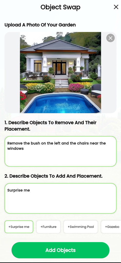 Landscape Design: My AI Garden - Object Swap interface in the Landscape Design app to add or remove garden features using AI