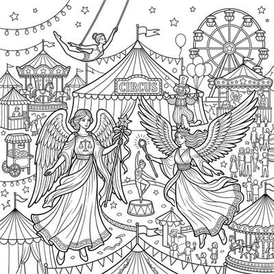 Experience a truly unique fusion of divine power and festive fun with this captivating coloring page. Angels of Justice descend upon a bustling carnival, bringing their righteous presence to a world of whimsical delights and intricate fairground attractions.
