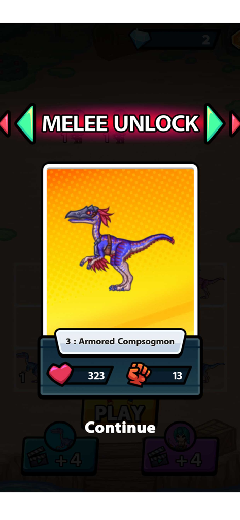 Dino Merge Master: Fight & Run - Armored Compsogmon character unlock screen in Dino Merge Master