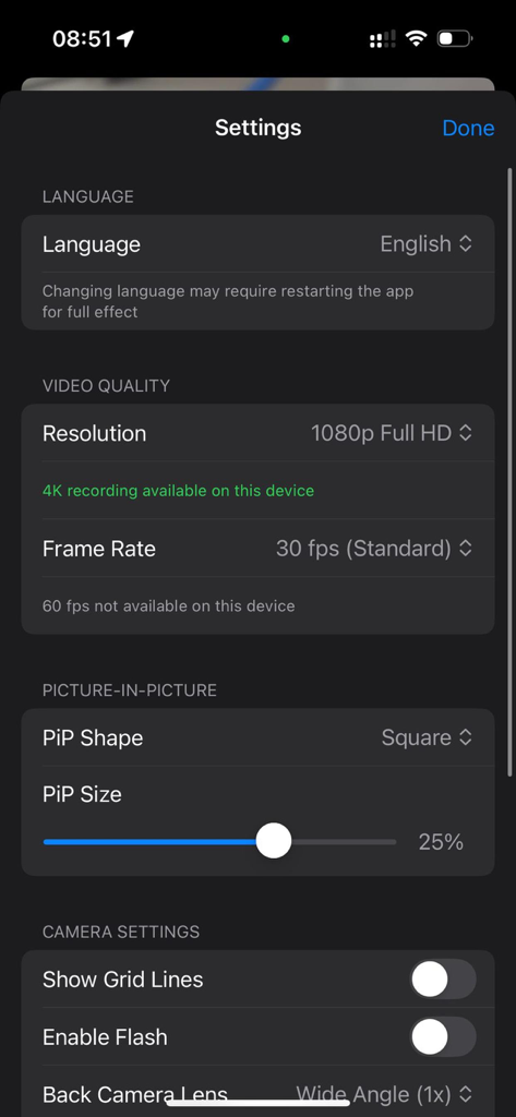 듀오 캠 앱 설정 메뉴로 비디오 해상도, 프레임 속도 및 화면 속 화면 사용자 지정 옵션을 보여줍니다.