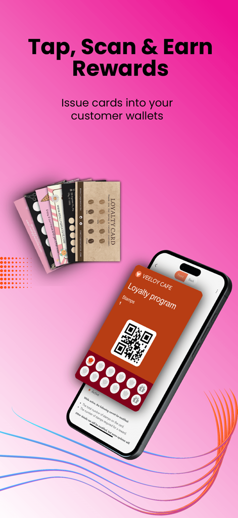 Smartphone mit einer VeeCard digitalen Treueprogramm-Oberfläche mit QR-Code und Stempelbelohnungen.