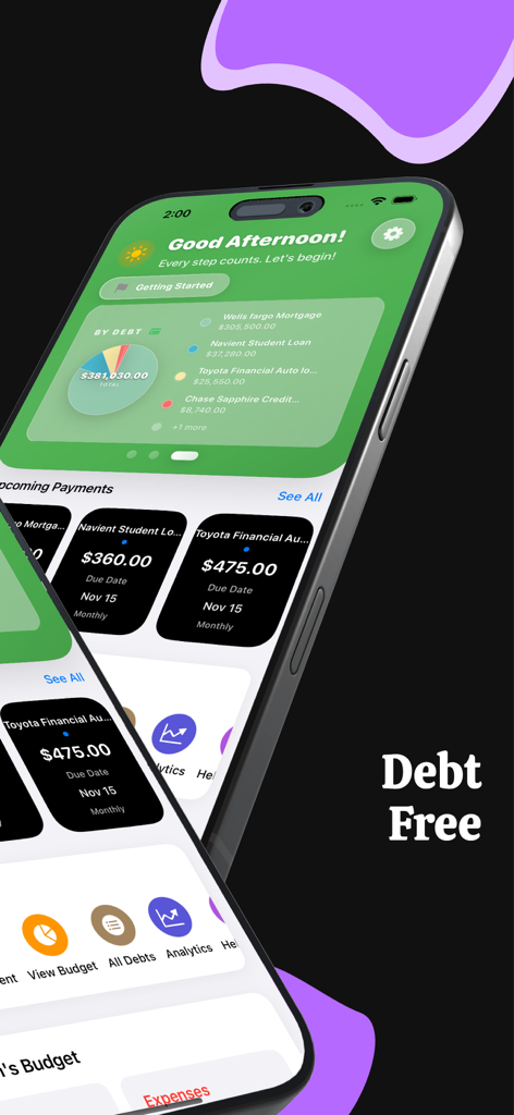 DebtZero - Debt Payoff Planner - Interfaz de la aplicación móvil DebtZero que muestra un gráfico de desglose de deudas y tarjetas de próximos pagos en un iPhone