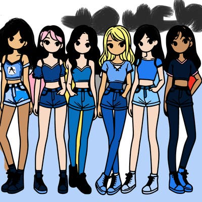 a group of girls wearing crop tops and shorts