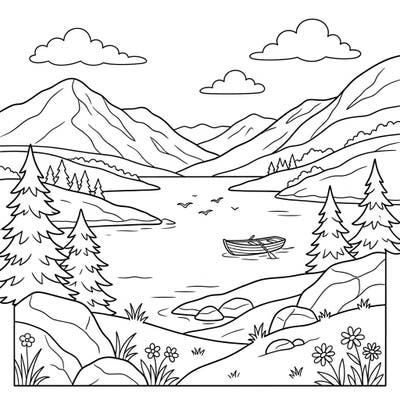 Dive into a scenic landscape with this enchanting Highland Lakes coloring page, specially designed for young adventurers. Featuring calm waters, towering mountains, and charming nature elements, it offers a delightful creative escape for kids.