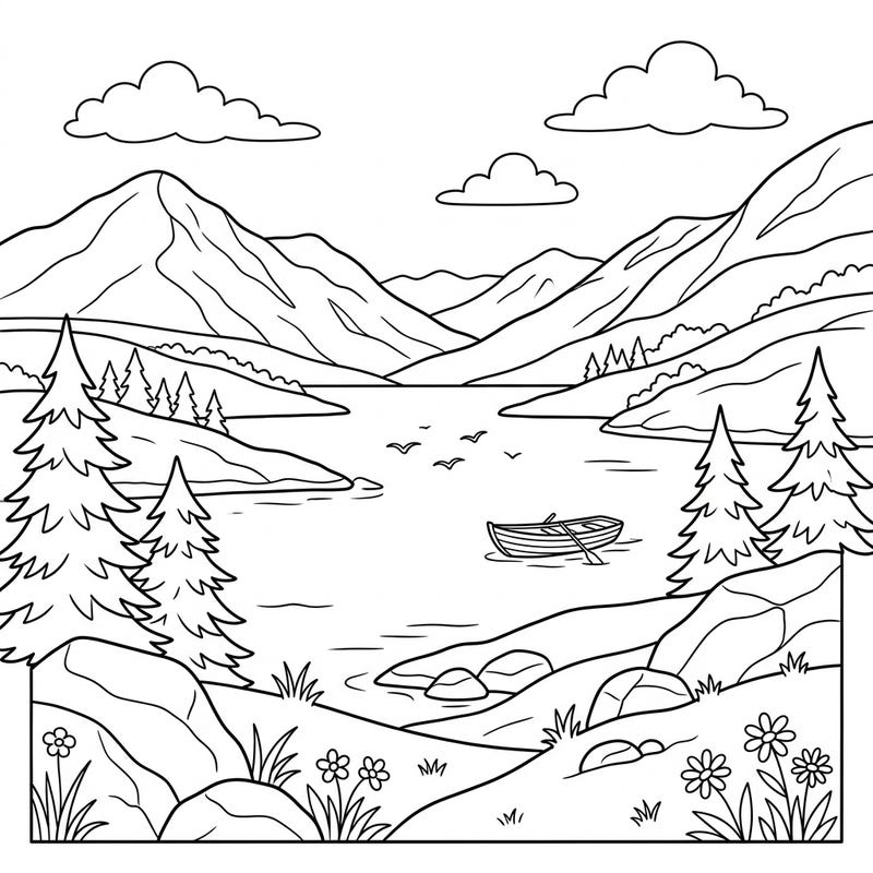 Dive into a scenic landscape with this enchanting Highland Lakes coloring page, specially designed for young adventurers. Featuring calm waters, towering mountains, and charming nature elements, it offers a delightful creative escape for kids.