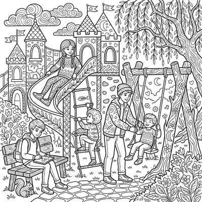 Capture the essence of youthful joy with this beautifully intricate coloring page, perfect for adults. Immerse yourself in a detailed park scene featuring children playing, sliding, and swinging, offering hours of relaxing creativity.