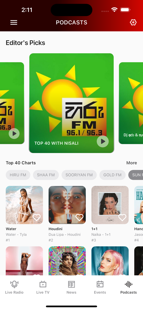 GoldFM Mobile - GoldFM Mobile app podcasts screen showing editor's picks for Hiru FM and Top 40 music charts