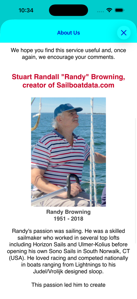 SailboatData - About Us page of the SailboatData app featuring a tribute to creator Randy Browning