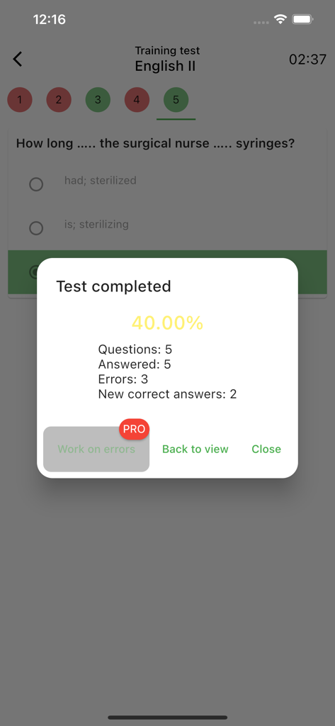 Assyst – testing and exams - Mobile screen showing test completion results and performance score in the Assyst app