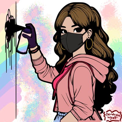 realistic girl with mask spray painting a wall