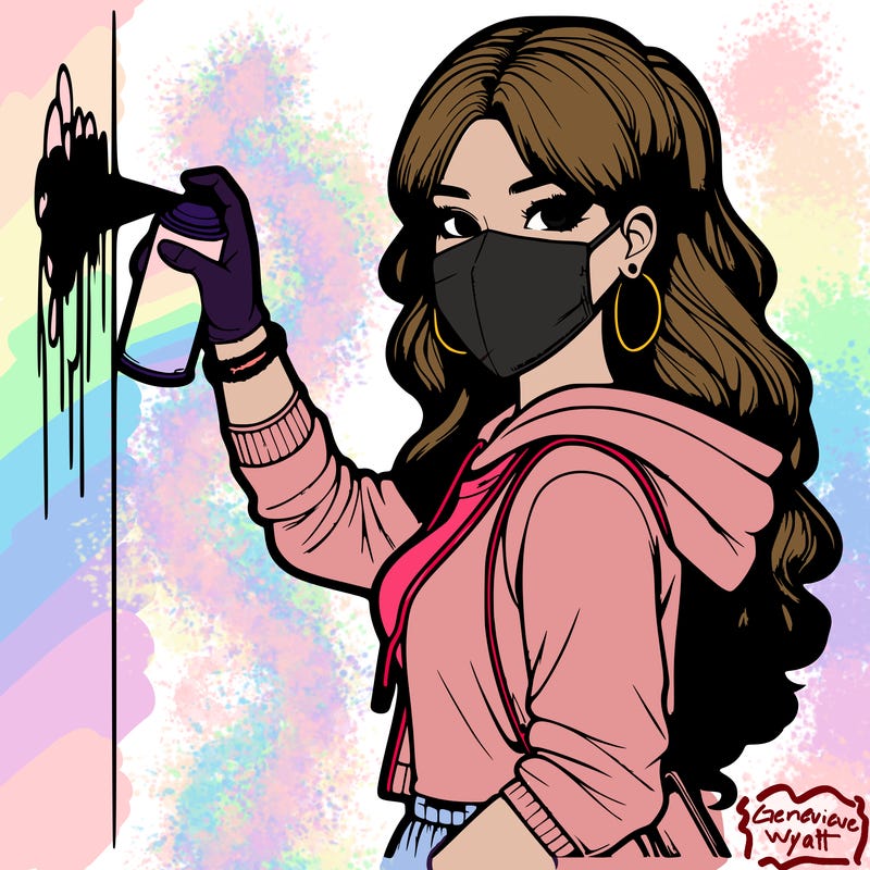 realistic girl with mask spray painting a wall