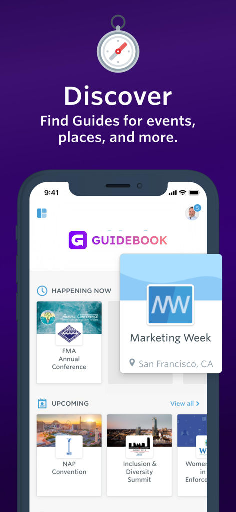 Guidebook mobile app screen showing event discovery and upcoming conferences like Marketing Week in San Francisco