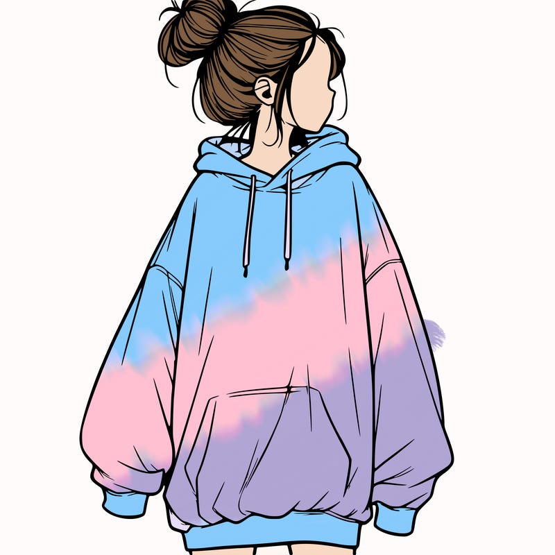realistic girl with a oversized sweatshirt on and a bun