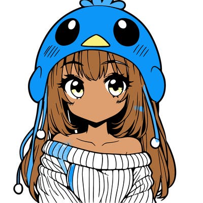 anime girl with chick shaped hat with sweater with bare shoulders with bangs covering them one eye with low tail
