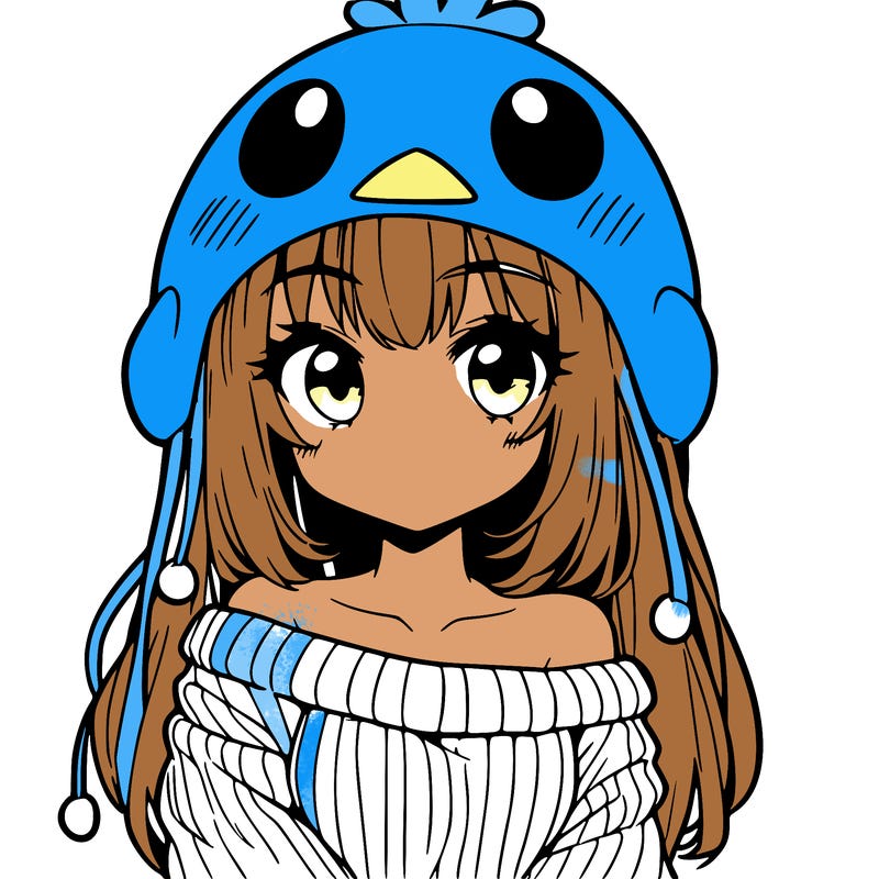 anime girl with chick shaped hat with sweater with bare shoulders with bangs covering them one eye with low tail