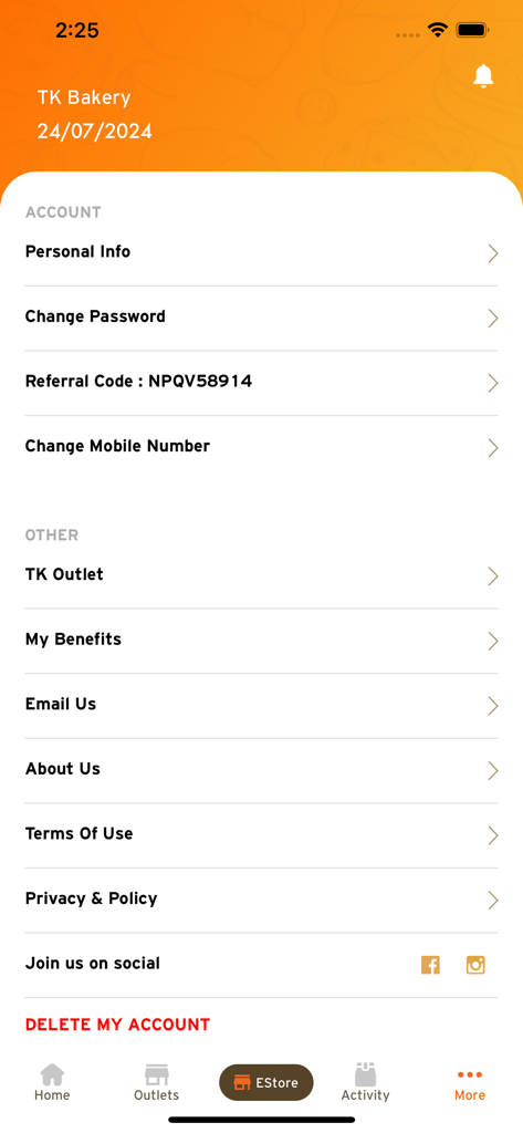 TK Bakery mobile app account settings screen showing user profile options and bakery information