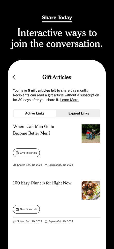 Interface of the New York Times app showing the gift articles feature to share stories with others.