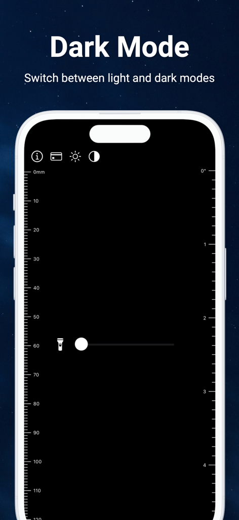 Penlight. - Interfaz de la aplicación Penlight en modo oscuro con un control deslizante de brillo ajustable y reglas médicas integradas.