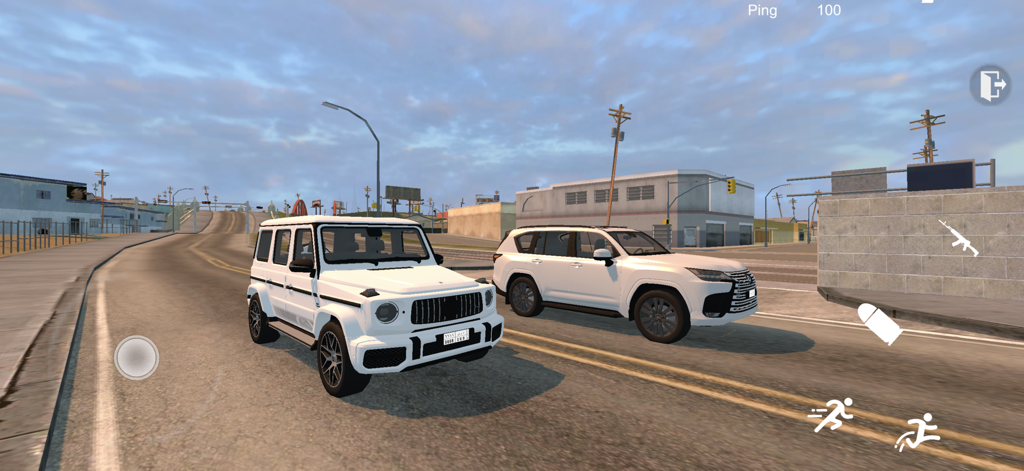 نورث سيتي - هجوله و حوادث - Gameplay screenshot of North City Hajwala showing two customized white luxury SUVs in a city environment.