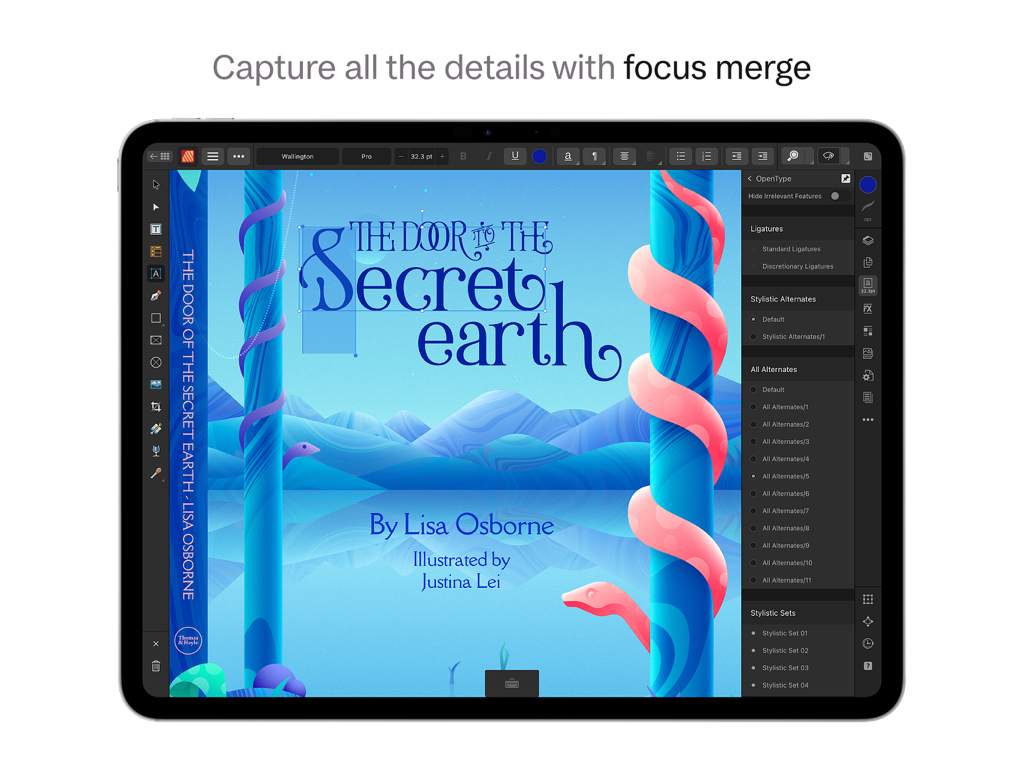 Layout di copertina di libro professionale e impostazioni di tipografia OpenType in Affinity Publisher 2 per iPad