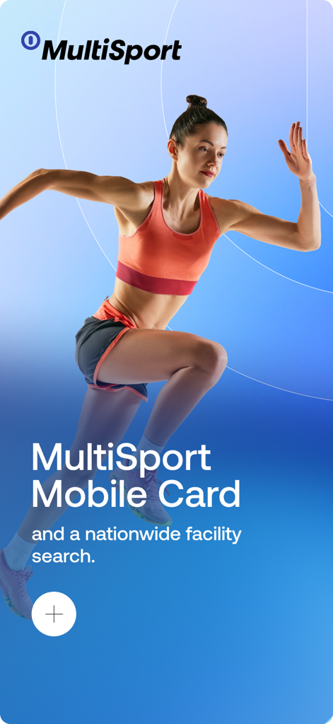 Una donna che corre sulla schermata di avvio dell'app MultiSport che promuove la tessera mobile e la ricerca di strutture a livello nazionale.