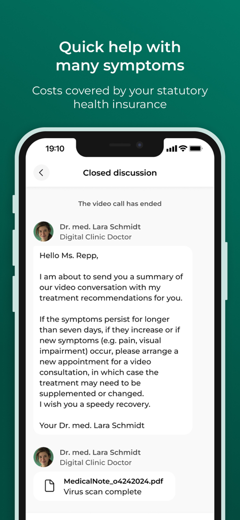 A mobile app screenshot from Meliva Digital Clinic showing a doctor's summary and a medical note PDF after a video consultation.