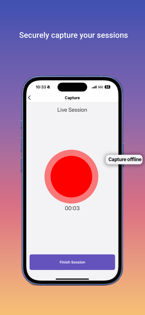 iPhone screen displaying the live session capture interface of the Clinical Notes AI app with a recording button and timer.
