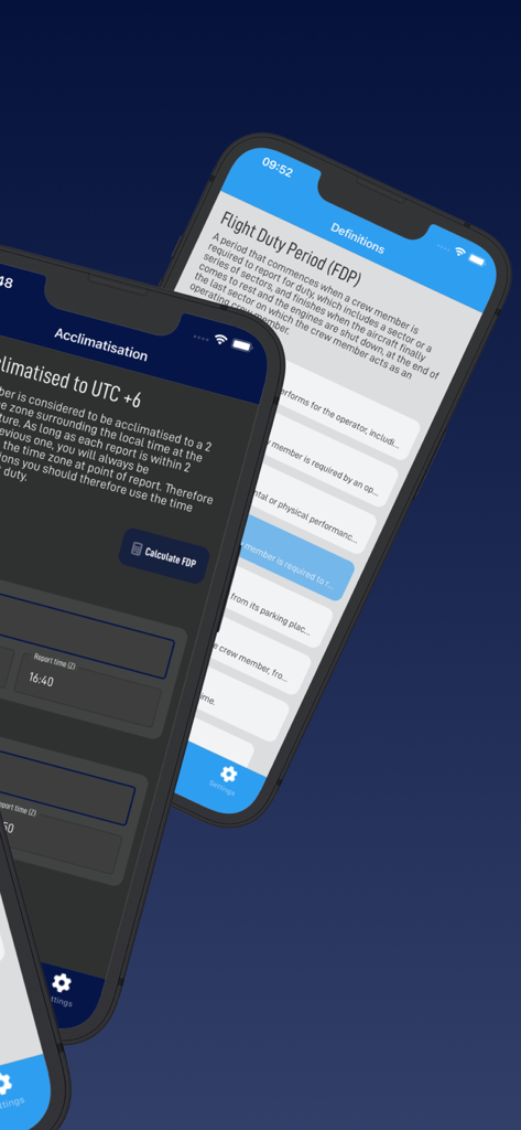 Screenshots of the EASA FTL Calculator app displaying flight duty period definitions and pilot acclimatisation settings.