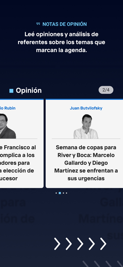 Pantalla que muestra columnas de opinión en la app de noticias TN