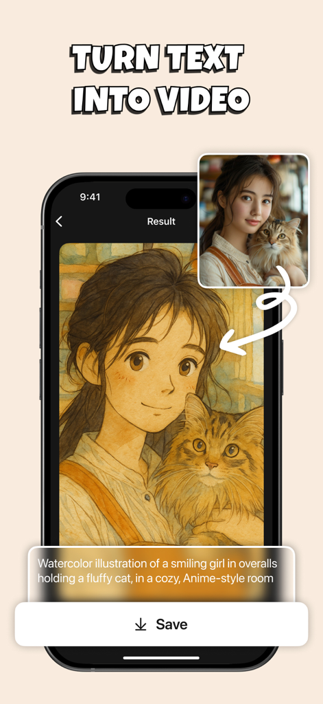 Pika Art - AI Video Effects - Una pantalla de smartphone que muestra la aplicación Pika Art transformando una foto y un prompt de texto en un vídeo de estilo anime acuarela de una chica con un gato.