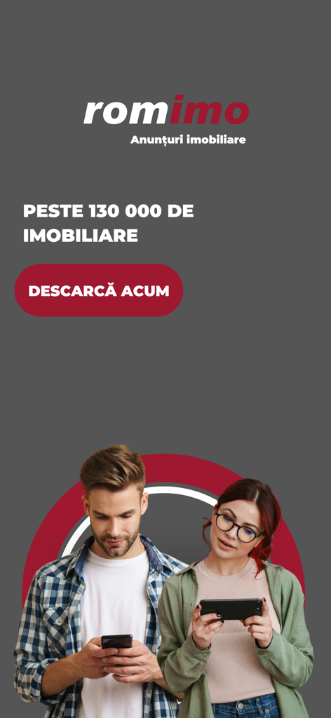 Romimo - Romimo real estate app welcome screen showing two people using smartphones and a download button