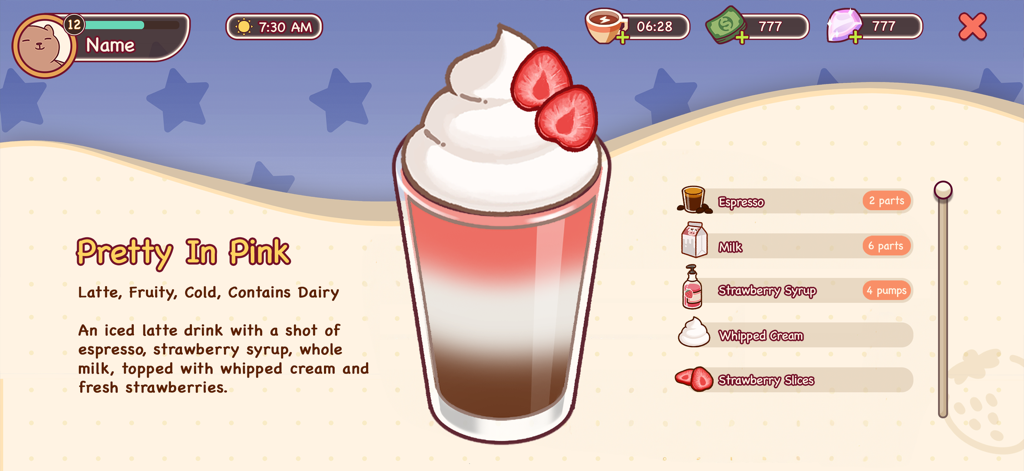 Good Coffee, Great Coffee - In-game recipe screen for a Pretty In Pink strawberry latte featuring layered ingredients and whipped cream