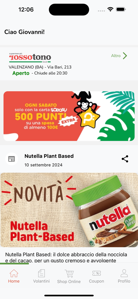 Schermata principale dell'app mobile Speasy con promozioni di negozi di alimentari e offerte di supermercati locali.