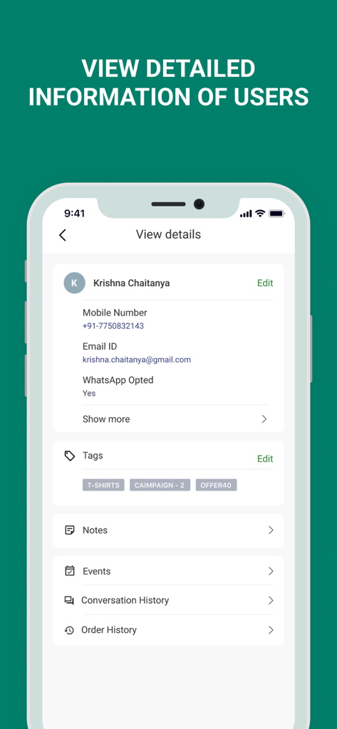 Interakt app interface showing a detailed customer profile with contact information tags and order history