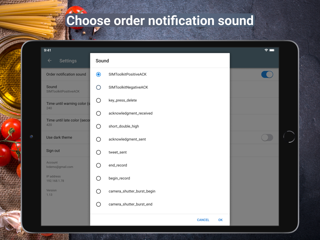 Menú de la aplicación Loyverse KDS para seleccionar sonidos de notificación de pedidos en un iPad