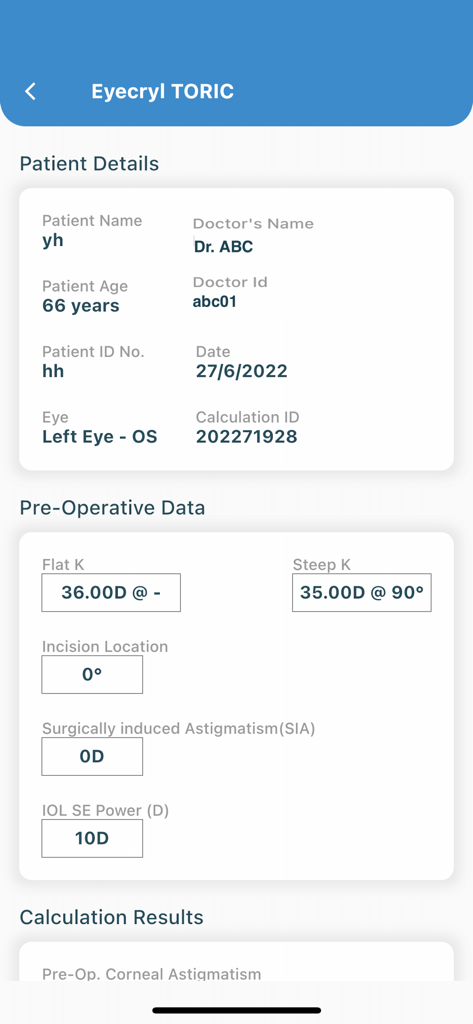 Biotech Calculators - Patient details and pre-operative data entry screen for Eyecryl Toric IOL calculation